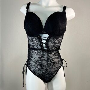 Chic Black Lace Tie Underwire Bodysuit 1X